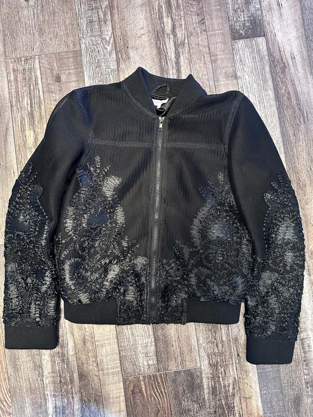 Mistress Rocks Black Sheer Mesh Embroidered Bomber Jacket Size S